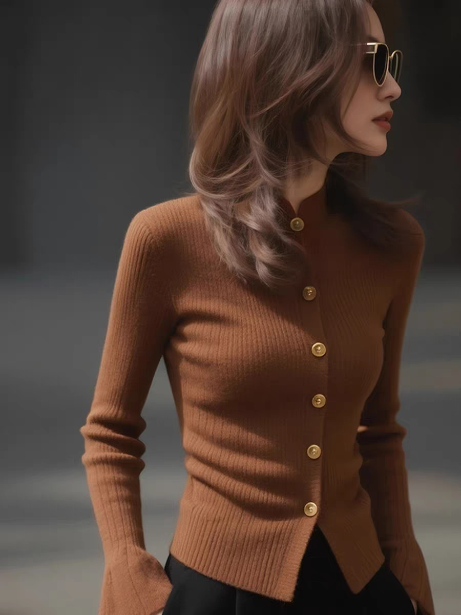 봄 가을 고유 한 Chic 아름다운 품격 만나는 맨위 고급 센스 슈퍼 잘 생긴 몸매 가꾸기 슬림해 보이는 커피 색상 니트 스웨터 여성