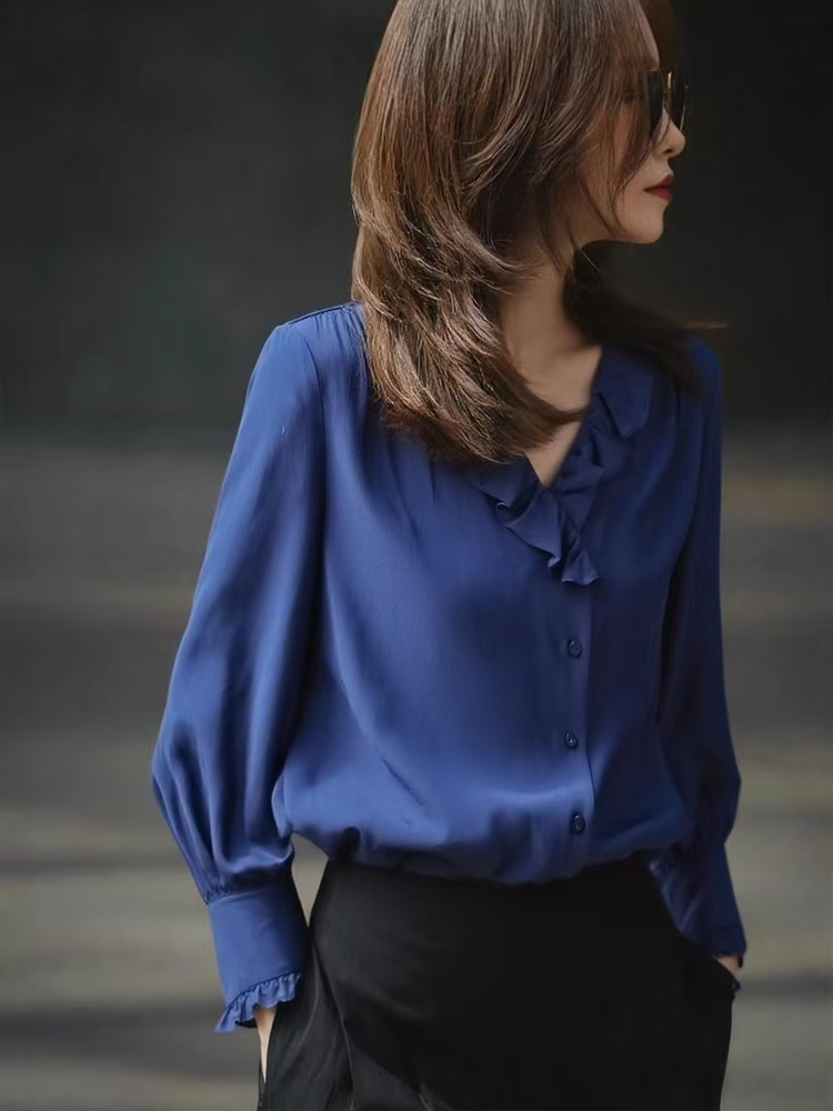 톰 글 래 원인 블루 긴팔 셔츠 여자 2026 봄 가을 새로운 프릴 V넥 고유 한 슈퍼 잘 생긴 ~ 중