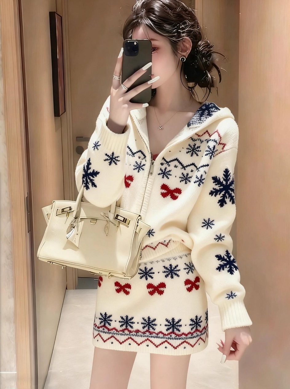 봄 가을 분위기 센스 착용 가져 가라. 쌀 화이트 자카드 세트 여성 2026 새로운 패션 니트 맨위 미니 스커트 투피스 슈트