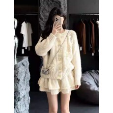 批发法式重工手绣花朵针织开衫毛衣外套半身裙两件套女秋冬奶呼呼<b class='q'>套装</b>