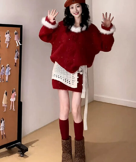 크리스마스 착용 가져 가라. 빨간색 세트 여성 봄 가을 부드러운 바람 플리스 니트 오픈 가디건 반신 미니 스커트 투피스 세트