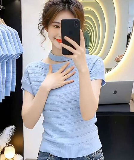 파란색 라운드 넥 홀로우 아웃 반팔 니트 스웨터 여성 2026 여름 새로운 디자인 센스 고유 한 Chic 슈퍼 잘 생긴 맨위