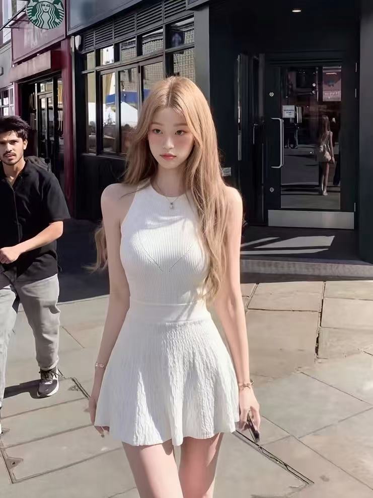 순수한 흰색 사랑 행침 목 니트 여성 드레스 봄 여름 품격 고급 센스 몸매 가꾸기 허리 수축 치마