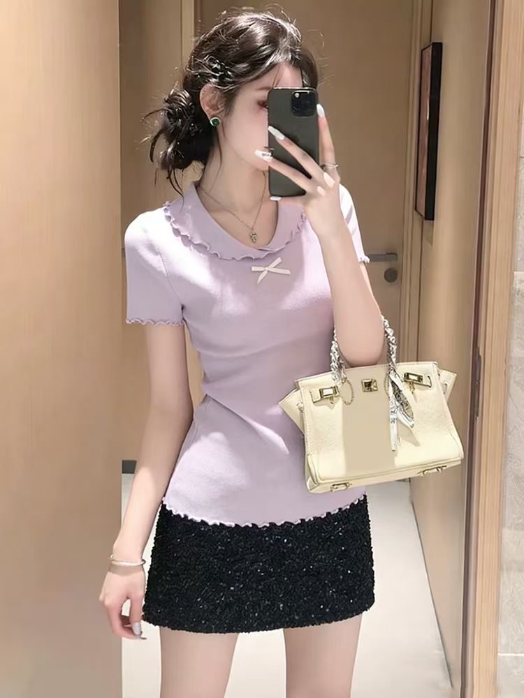 한국 스타일 단색 폴로 칼라 티셔츠 여성 2026 여름 새로운 프릴 미니멀리즘 캐주얼 맨위