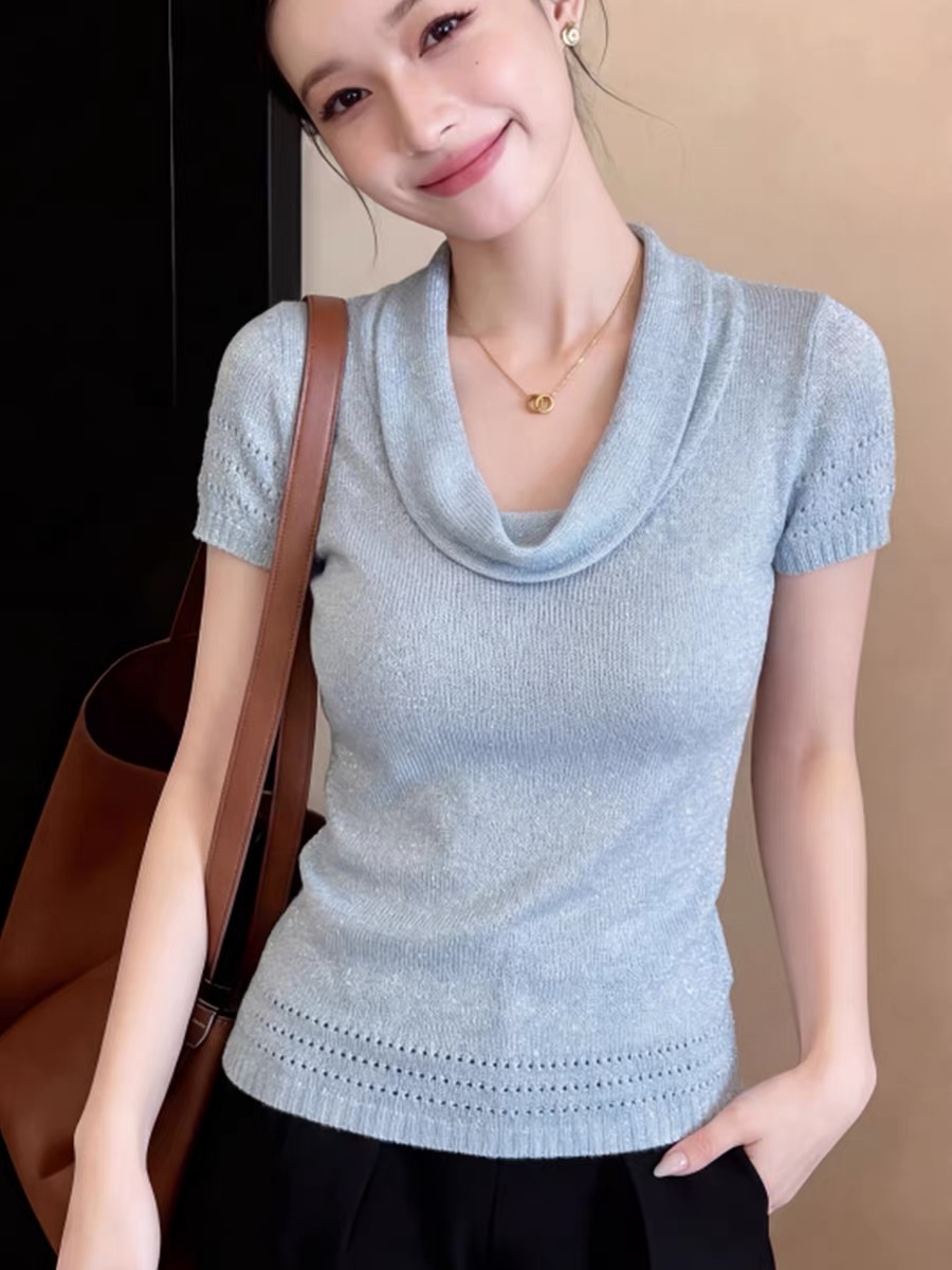 파란색 말뚝 더미 칼라 반팔 티셔츠 여성 초여름 디자인 센스 고유 한 아름다운 자이언트 잘 생긴 ~ 중 니트 얼음 실크 작은 맨위