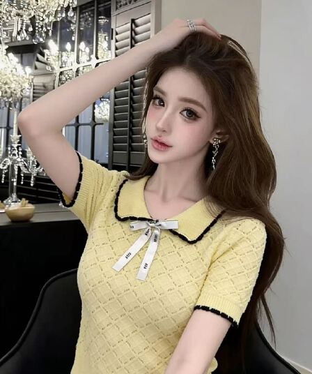 한 부서 배색 POLO 칼라 니트 반팔 여성 여름 새로운 품격 패션 학원 스타일 나비 매듭 연령 감소 맨위