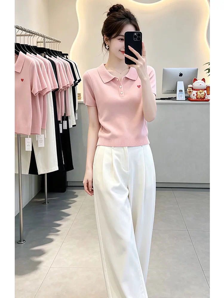 슈퍼 잘 생긴 POLO 칼라 니트 반팔 티셔츠 여성 2026 여름 빅 사이즈 외국 가스 연령 감소 아름다운 작은 맨위