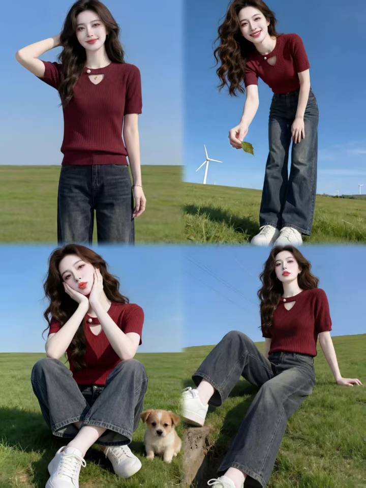 디자인 센스 홀로우 아웃 패치워크 반팔 니트 스웨터 여성 2026 여름 새로운 외국 가스 몸매 가꾸기 슬림해 보이는 맨위