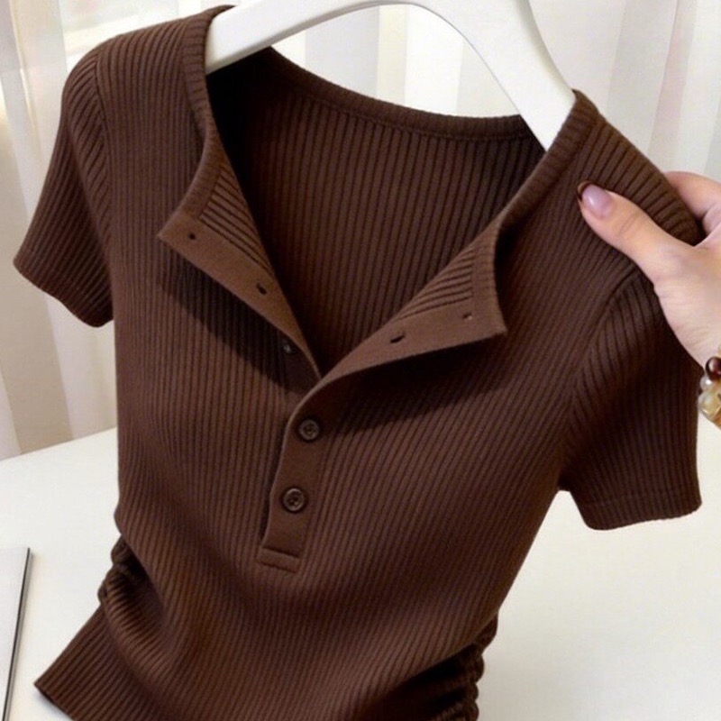 2026 여름 새로운 여성 패션 레트로 긍정적 인 어깨 반팔 니트 스웨터 작은 키 허리 수축 맨위