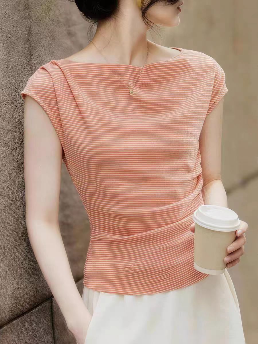 프랑스식 빛 요리 한 바람 보트넥 반팔 티셔츠 여성 여름 패션 스트라이프 몸매 가꾸기 슬림해 보이는 출퇴근 풀오버 맨위 트렌디