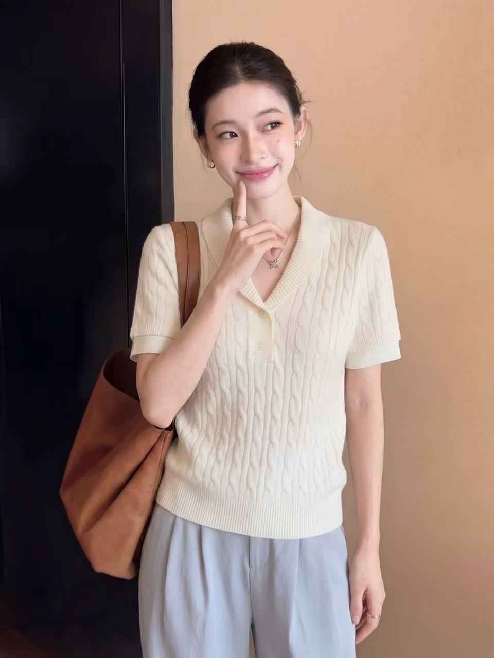 오래된 돈 바람 카키 색 폴로 칼라 니트 반팔 티셔츠 여성 여름 몸매 가꾸기 품격 고유 한 아름다운 그레이트 봐. 의류