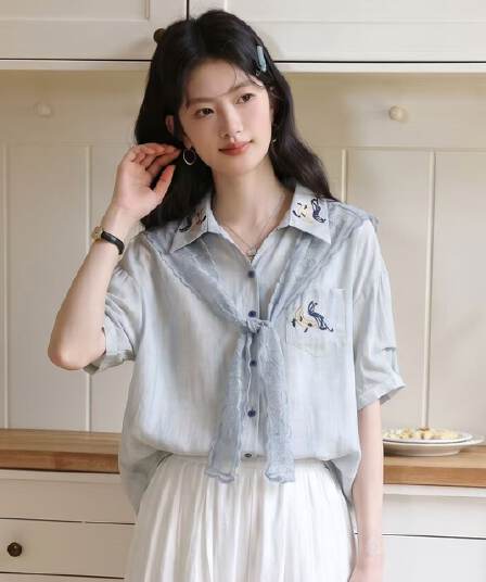 레트로 문예 바람 레이스 숄 반팔 여성 셔츠 여름 2026 새로운 디자인 센스 작은 대중 루즈핏 맨위