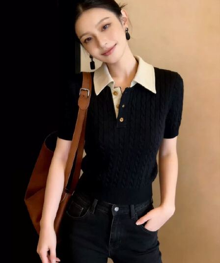 POLO 칼라 긍정적 인 어깨 반팔 니트 스웨터 여성 봄 ootd 빛 사람들 코치 착용 가져 가라. 이른 봄 품격 chic 작은 맨위