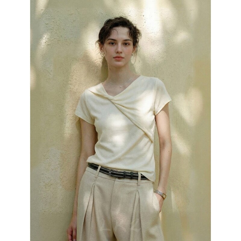 달콤한 자매 비스듬한 어깨 칼라 흔들다 칼라 반팔 티셔츠 여성 여름 주름 슬림해 보이는 맨위