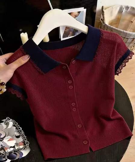 핑크색 POLO 칼라 단추 레이스 싱글 줄 버튼 반팔 티셔츠 여성 2026 새로운 여름 해변가 도파민 맨위