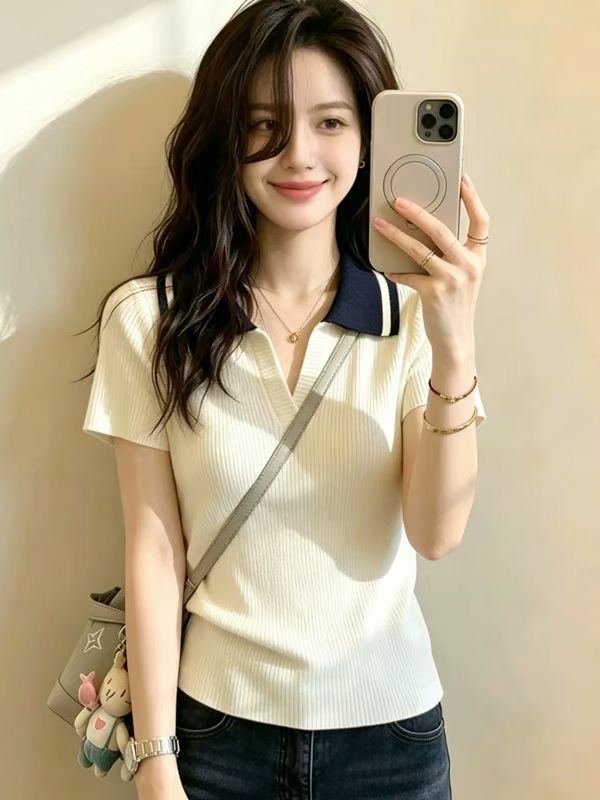 한국 스타일 고급 센스 패치워크 색상 POLO 칼라 반팔 니트 스웨터 여성 여름 새로운 패션 Chic 캐주얼 다용도 맨위