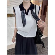 批发小<b class='q'>翻领</b>纽扣配丝巾系带针织衫女2025新款爆款夏季薄款无袖背心上衣