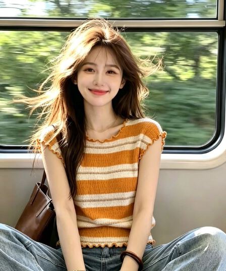 한 부서 프릴 스트라이프 니트 스웨터 여성 여름 새로운 외국 가스 연령 감소 작은 날다 소매 맨위
