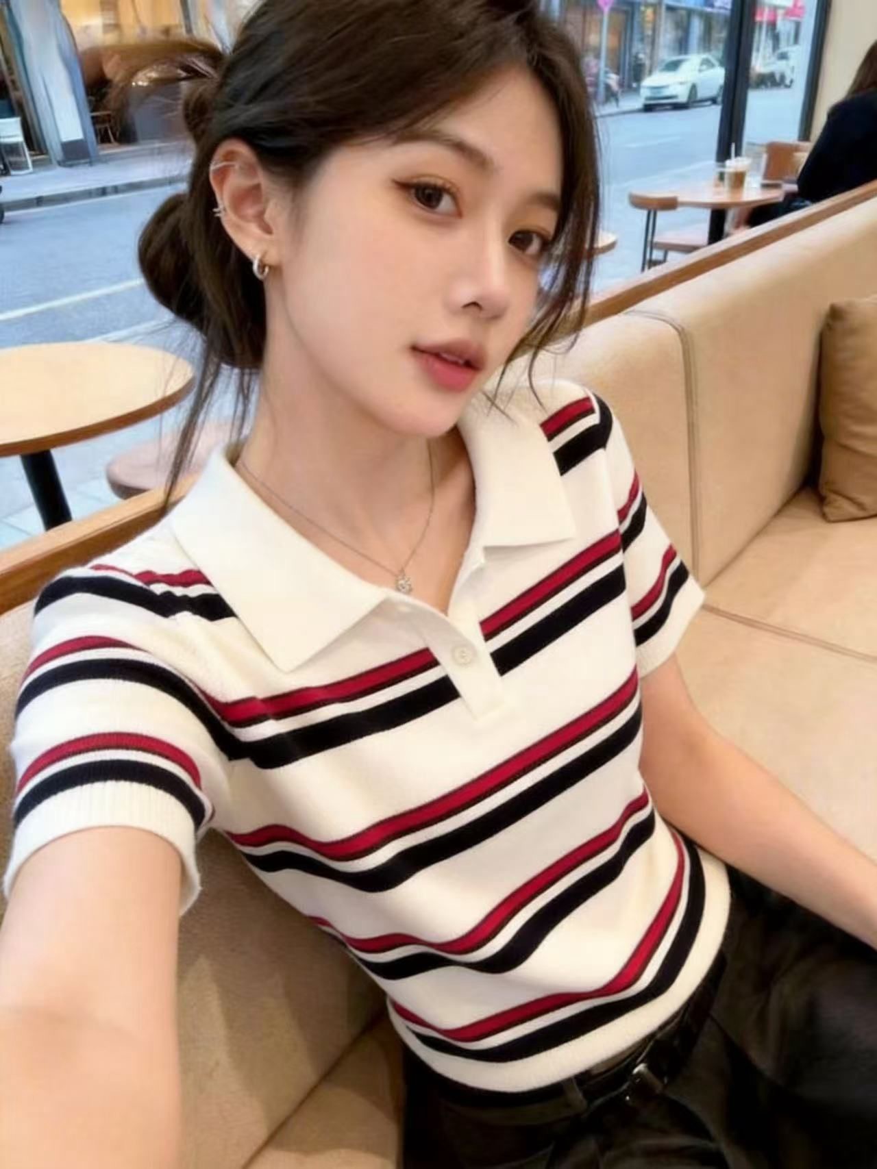 배색 스트라이프 POLO 칼라 반팔 티셔츠 여성 여름 새로운 루즈핏 슬림해 보이는 연령 감소 폴로 칼라 맨위