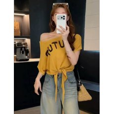 批发时尚新款圆领假俩件针织烟花图短袖休闲宽松套头上衣女