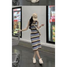 批发撞色条纹针织背心连衣裙女夏收腰显瘦无袖t恤裙辣妹直筒包臀长裙
