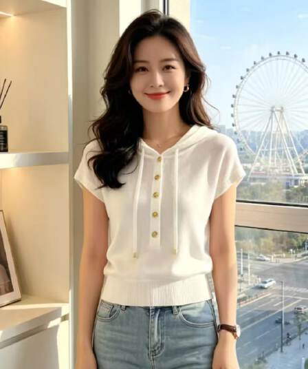 한 부서 익스트림 제인 바람 후드 반팔 니트 스웨터 티셔츠 여성 여름 고급 센스 품격 연령 감소 몸매 가꾸기 슬림해 보이는 맨위