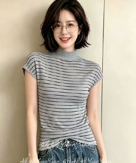 반하이넥 스트라이프 반팔 니트 스웨터 여성 여름 새로운 품격 몸매 가꾸기 슬림해 보이는 쇼트 스타일 얼음 차가운 실크