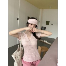 批发韩系镂空半开领短袖t恤女2026夏季小众设计感修身别致<b class='q'>针织</b><b class='q'>衫</b>
