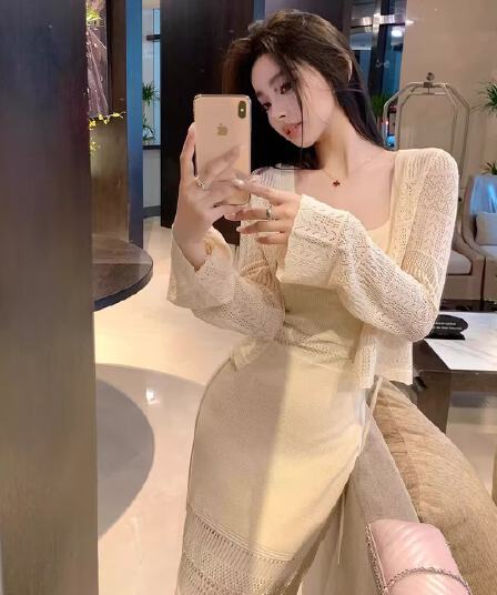 여름 오래된 돈 휴가 센스 상쾌 부드러운 마 센스 홀로우 아웃 조끼 스커트 오픈 가디건