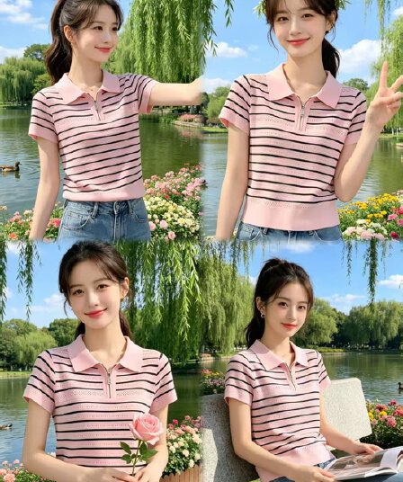 2026 여름 새로운 스트라이프 반팔 여성 폴로 칼라 라이 경기 서울 주간 실크 얇은 스타일 니트 루즈핏 자수 티셔츠 맨위