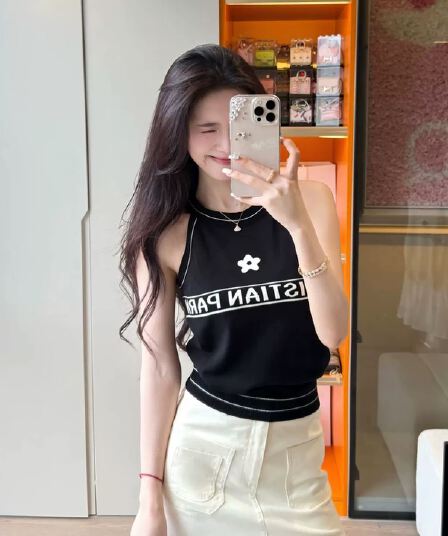 한 부서 배색 알파벳 행침 목 니트 캐미솔 여름 외출용 몸매 가꾸기 고급 센스 핫걸 민소매 맨위