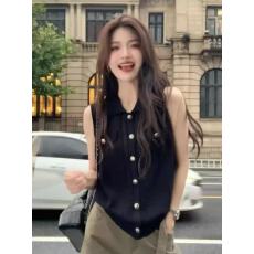 批发老钱风polo领针织马甲女夏无袖纽扣气质高级感轻熟风显瘦百搭上衣