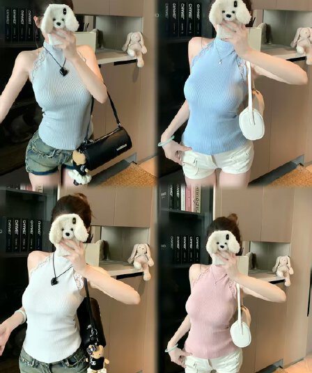 캐미솔 여름 외출용 디자인 센스 레이스 측면 민소매 행침 목 맨위