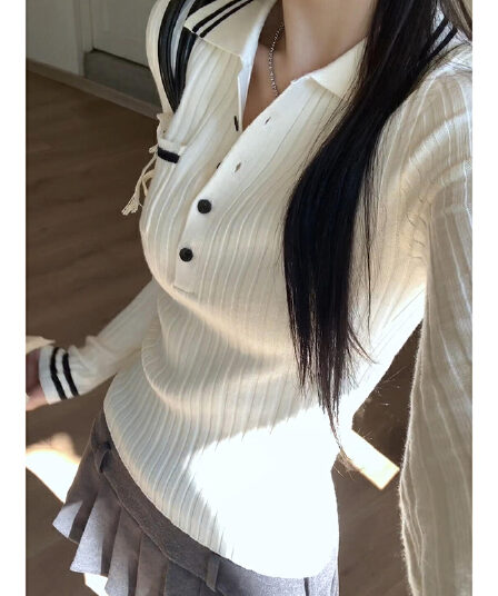 항구 바람 chic 스트라이프 POLO 칼라 니트 스웨터 여성 봄 가을 겨울 몸매 가꾸기 슬림해 보이는 고급 센스 품격 다용도 니트 스웨터