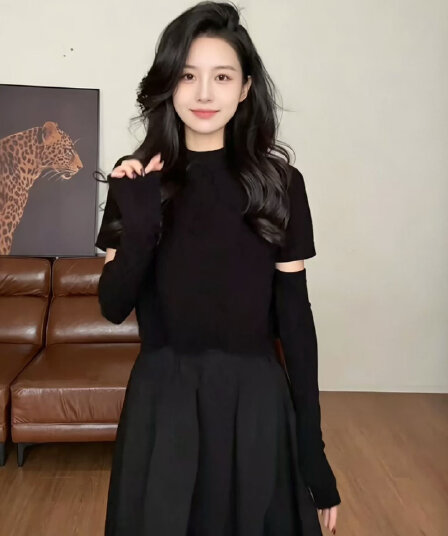고유 한 고급 센스 스탠드 칼라 소매 커버 니트 스웨터 여성 로얄 자매 높음 지혜 맨위