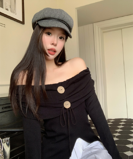 디자인 센스 수지 버클 오프숄더 작은 셔츠 여성 이른 가을 허리 수축 슬림해 보이는 주름 고유 한 Chic 아름다운 맨위 외국 가스
