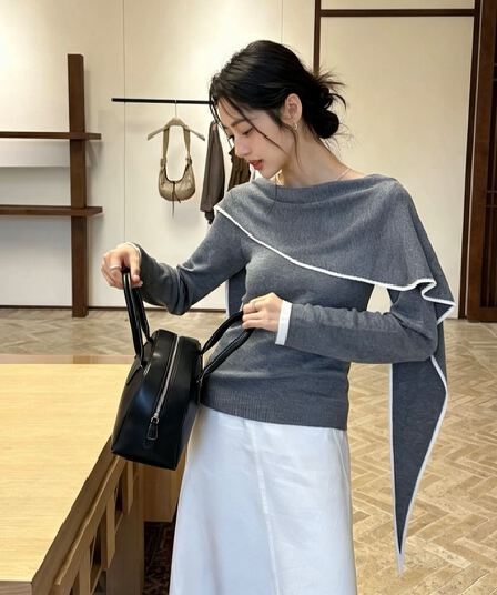 2026 슈퍼 화재 착용 가져 가라. 부드러운 바람이 아닙니다. 규칙 외국 가스 숄 스타일 니트 스웨터 여성 이른 가을 새로운 다용도 연령 감소 맨위