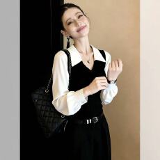批发黑色<b class='q'>灯笼袖</b>翻领拼接假两件修身<b class='q'>衬衫</b>女2026春季法式气质老钱风上衣