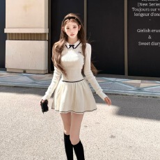 批发迟<b class='q'>伞</b><b class='q'>伞</b>26ss 米兰腔调 Valen撞色蝴蝶结华夫格针织上衣半<b class='q'>裙</b>套装