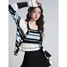 批发2026年春秋新款女装条纹<b class='q'>针织</b><b class='q'>开衫</b>修身短款圆领长袖毛衣