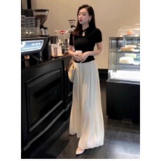 批发黑色上衣白色冰丝<b class='q'>雪纺</b>阔腿裤女夏季薄款高腰显瘦宽松垂感山本裙裤