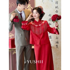 批发YUSHII新中式订婚<b class='q'>旗袍</b>「茗荣」<b class='q'>新娘</b>敬酒服气质红色长袖套装年轻款