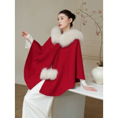 初蝉100羊毛双面呢大衣女新款红色高级感新中式狐狸毛领斗篷外套