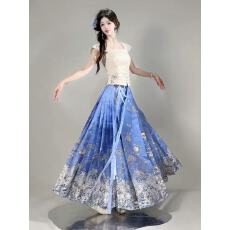 批发明制蓝色马面裙汉服女2026新款夏季中 式裹胸上衣国风套装