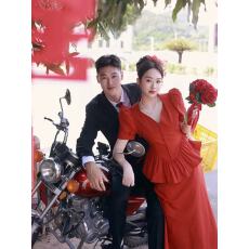 批发港风敬酒服婚纱新娘当天便装结婚订婚礼服8090年代复古红色套装女