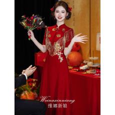 批发2026新款<b class='q'>敬酒</b>服新娘流苏订婚<b class='q'>礼服</b>连衣裙长款酒红色高级感回门便装