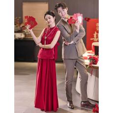 批发酒红色孕妇敬酒服高腰显瘦遮肚子<b class='q'>新娘</b>中式<b class='q'>旗袍</b>订婚礼服裙高级感夏