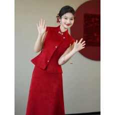 批发新中式红色无袖秀禾服套装女修身结婚<b class='q'>敬酒</b>服新娘订婚<b class='q'>礼服</b>裙高级感