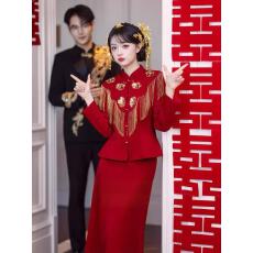 批发新中式敬酒服新娘红色长袖流苏重工高端大气订婚<b class='q'>礼服</b>裙回门答谢宴