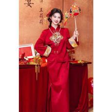 批发新中式敬酒服新娘绝美红色长袖订婚<b class='q'>礼服</b>裙套装高端大气回门答谢宴